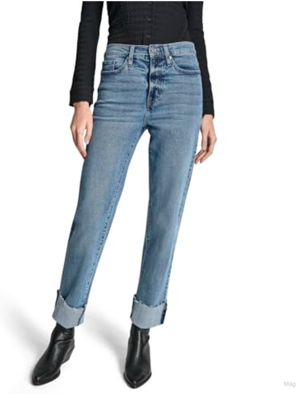 High Rise Classic Straight Jeans Raw Edge Pressed Cuff Cotton Blend